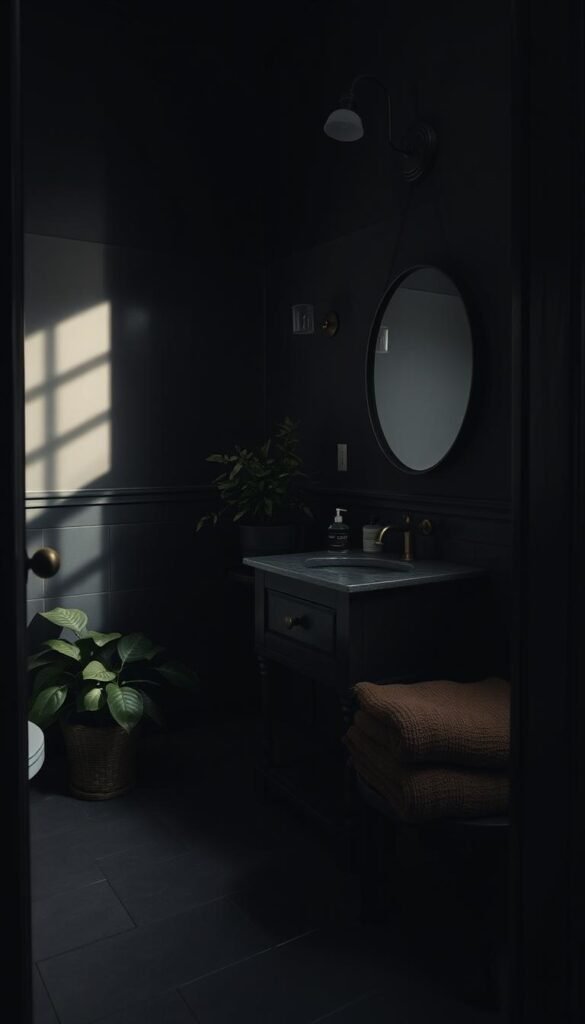 A moody bathroom interior with a tiled floor, dark-stained wood vanity, and antique brass fixtures.