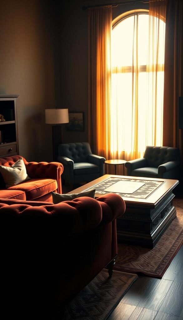 A moody, intimate living room with plush, luxurious furniture bathed in warm, soft lighting.