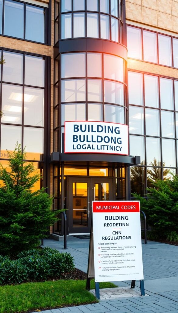 A municipal building facade with large glass windows, a towering entrance, and a prominent sign displaying the local building codes and regulations. The structure is illuminated by warm, natural sunlight filtering through the glass, casting gentle shadows across the intricate architectural details. The surrounding landscape includes lush greenery and a paved sidewalk, creating a welcoming and professional atmosphere. The overall composition emphasizes the importance of understanding and adhering to local building regulations, as a crucial aspect of any construction or renovation project.