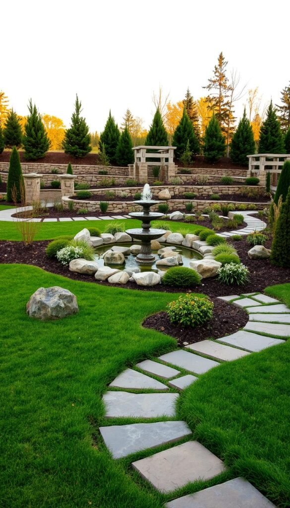 A neatly arranged outdoor scene with various hardscaping elements. In the foreground, a well-designed stone path winds through a lush garden, flanked by decorative boulders and low-lying shrubs. In the middle ground, a striking water feature, such as a small pond or fountain, reflects the warm lighting from above. The background showcases a harmonious blend of natural and man-made elements, including a low stone wall, decorative trellises, and a mix of evergreen and deciduous trees. The overall composition emphasizes balance, texture, and a seamless integration of the hardscaping features into the surrounding landscape. Captured with a wide-angle lens to convey a sense of depth and scale, this image embodies the beauty and functionality of thoughtful hardscaping design.