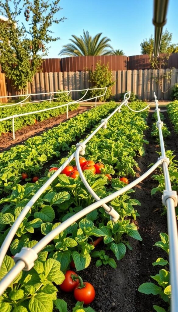 A neatly organized backyard vegetable garden, with rows of lush greens and vibrant vegetables. In the foreground, an intricate drip irrigation system winds through the beds, with sleek modern pipes and strategically placed nozzles. The middle ground features a variety of produce, including tomatoes, peppers, carrots, and leafy greens, all thriving under the warm afternoon sunlight. In the background, a wooden fence and a few fruit trees create a peaceful, rustic ambiance. The scene is captured with a wide-angle lens, emphasizing the efficient layout and the harmonious integration of the irrigation setup within the garden. An atmosphere of productivity and environmental sustainability permeates the image.