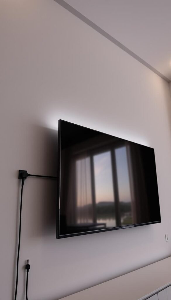 A neatly organized cable management system behind a sleek, wall-mounted TV.