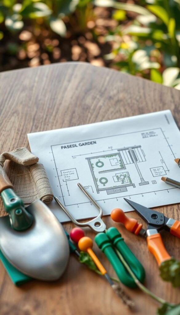 A neatly organized garden planning toolkit resting on a wooden surface. Foreground features a variety of essential tools including trowel, hand fork, pruners, garden markers, and a small notebook. Mid-ground showcases a blueprint or sketch of a small vegetable garden layout with raised beds and pathways. Background has soft natural lighting, with hints of lush greenery peeking in from the edges, creating a serene and inspiring atmosphere for planning the perfect veggie garden.