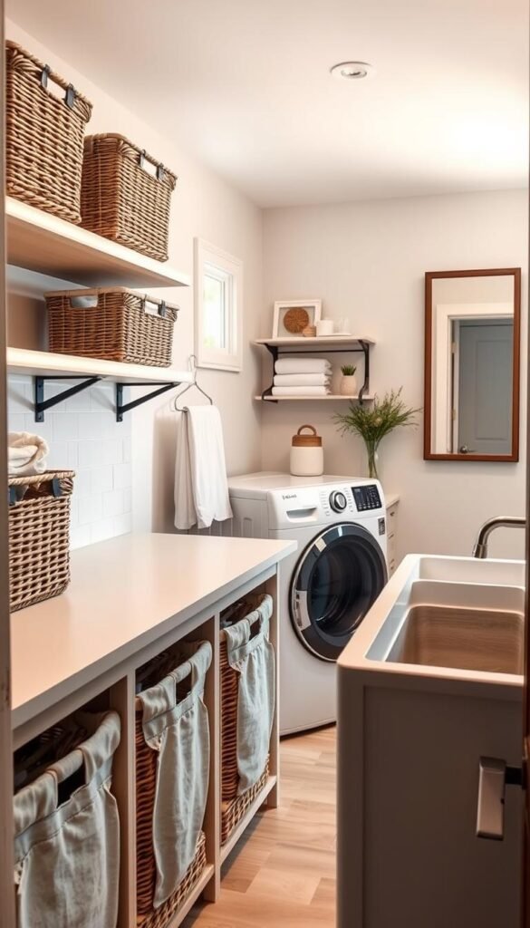 A neatly organized laundry room with stylish storage containers, warm lighting, and a minimalist aesthetic. The foreground features a row of matching wicker baskets, linen-covered shelves, and a sleek countertop with a modern sink. The middle ground showcases a front-loading washer and dryer, complemented by a wall-mounted drying rack and a large, framed mirror. The background depicts neutral-toned subway tiles, understated decor, and a small window that allows natural light to filter in, creating a calming, spa-like atmosphere. The overall composition conveys a sense of order, efficiency, and visual harmony, perfect for a small but functional laundry space.