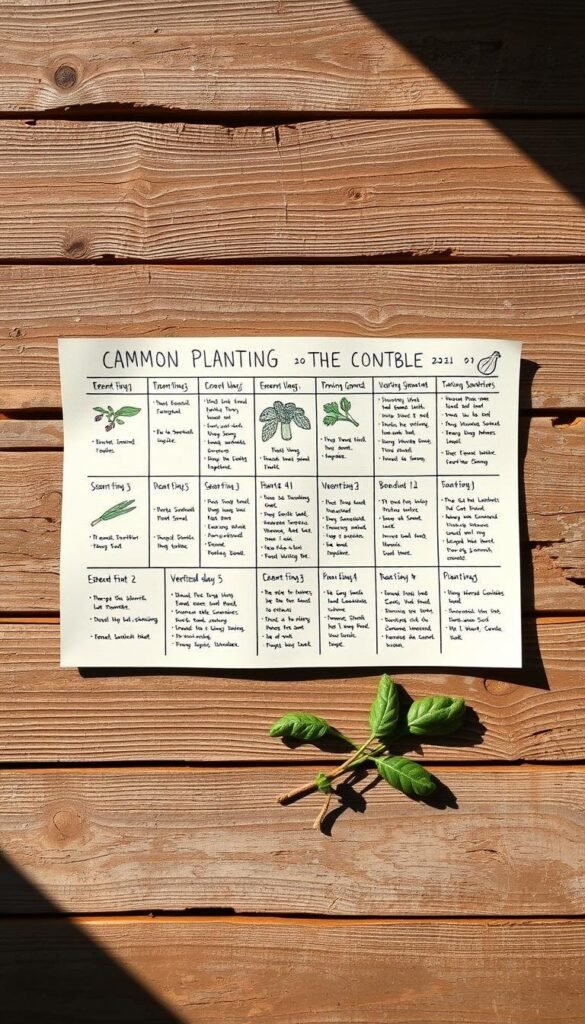 A neatly organized planting schedule guide for common vegetables, displayed on a weathered wooden surface. The layout features hand-drawn illustrations and concise planting instructions for each crop, presented in a visually appealing and informative manner. Soft, natural lighting casts gentle shadows, creating a sense of simplicity and practicality. The overall composition conveys a rustic, educational tone, with a focus on providing essential information for successful vegetable gardening.
