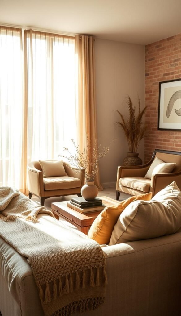 A peaceful, sun-dappled wabi sabi living room with natural textures and soft, earthy tones.