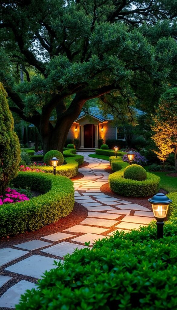 A picturesque front yard with a winding pathway lined with warm, ambient pathway lights. The foreground features lush, well-manicured greenery, including neatly trimmed hedges, vibrant flower beds, and a inviting stone path leading to the front door. The middle ground showcases the artfully placed pathway lights, casting a soft, golden glow that creates a cozy, welcoming atmosphere. In the background, a stately tree canopy provides a natural, serene backdrop, complementing the overall tranquil and harmonious landscape design. The image evokes a sense of charm, comfort, and curb appeal, perfect for inspiring creative outdoor lighting solutions.