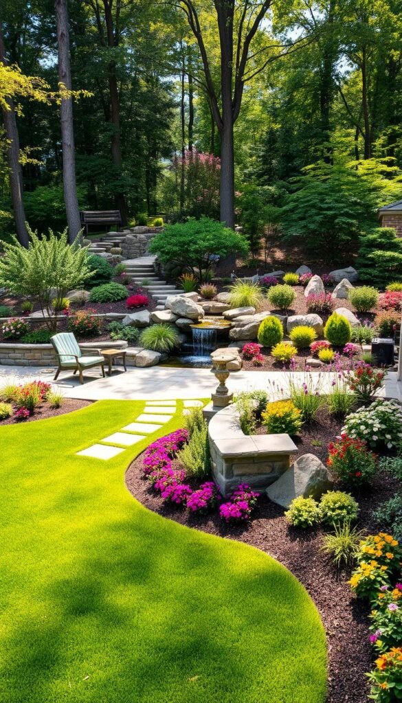 A professional landscaping design in a backyard setting, featuring a lush garden with a variety of colorful flowers and plants. In the foreground, a well-manicured lawn leads to a stone patio with comfortable outdoor furniture, creating a cozy and inviting atmosphere. In the middle ground, a cascading water feature gently flows, surrounded by strategically placed boulders and shrubs. The background showcases a picturesque wooded area, with dappled sunlight filtering through the trees, creating a warm and serene ambiance. The overall composition conveys a sense of balance, harmony, and attention to detail, reflecting the expertise of a professional landscaper. A professional landscaping design in a backyard setting, featuring a lush garden with a variety of colorful flowers and plants. In the foreground, a well-manicured lawn leads to a stone patio with comfortable outdoor furniture, creating a cozy and inviting atmosphere. In the middle ground, a cascading water feature gently flows, surrounded by strategically placed boulders and shrubs. The background showcases a picturesque wooded area, with dappled sunlight filtering through the trees, creating a warm and serene ambiance. The overall composition conveys a sense of balance, harmony, and attention to detail, reflecting the expertise of a professional landscaper.