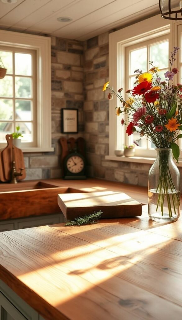 A quaint farmhouse kitchen with rustic wood countertops, weathered and worn, yet exuding a warm, inviting charm. Sunlight filters through the large windows, casting a soft glow on the natural stone backsplash and the vintage-inspired brass hardware. Scattered throughout the space are freshly picked herbs, a worn wooden cutting board, and a glass vase filled with vibrant wildflowers, creating a harmonious blend of functionality and timeless character. The overall atmosphere evokes a sense of comfort, simplicity, and a connection to the land, perfectly capturing the essence of the farmhouse kitchen aesthetic.