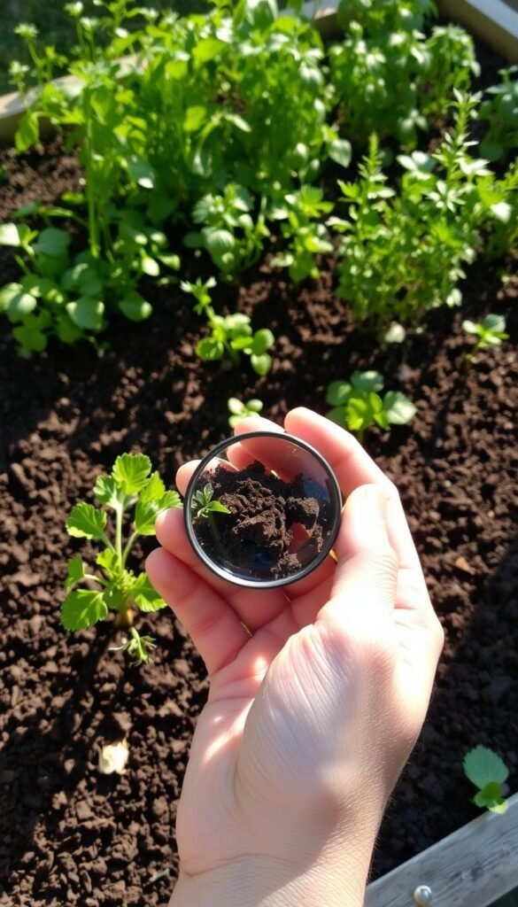 A raised garden bed filled with rich, dark soil. Sunlight filters through the leaves of various herbs, casting dappled shadows. In the foreground, a hand holds a soil sample, inspecting it closely. Magnifying glass in hand, the gardener carefully examines the texture and color of the earth, gauging its health and fertility. In the background, a variety of herb seedlings await transplantation, their verdant leaves swaying gently. The scene conveys a sense of calm, focused attention as the gardener prepares the ground for a thriving herb garden.