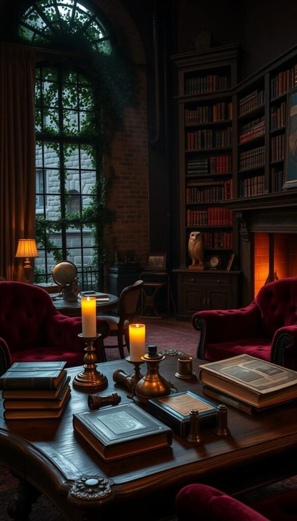 A richly furnished dark academia living room, bathed in warm candlelight and the soft glow of a crackling fireplace.