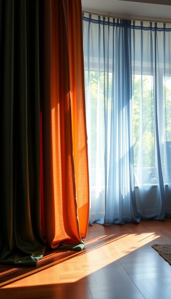 A richly-hued, sunlit living room showcases an elegant array of curtain colors.