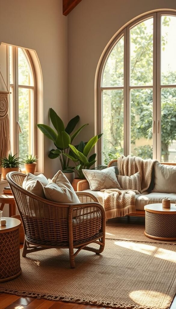 A richly textured boho living room, bathed in warm, diffused natural light.