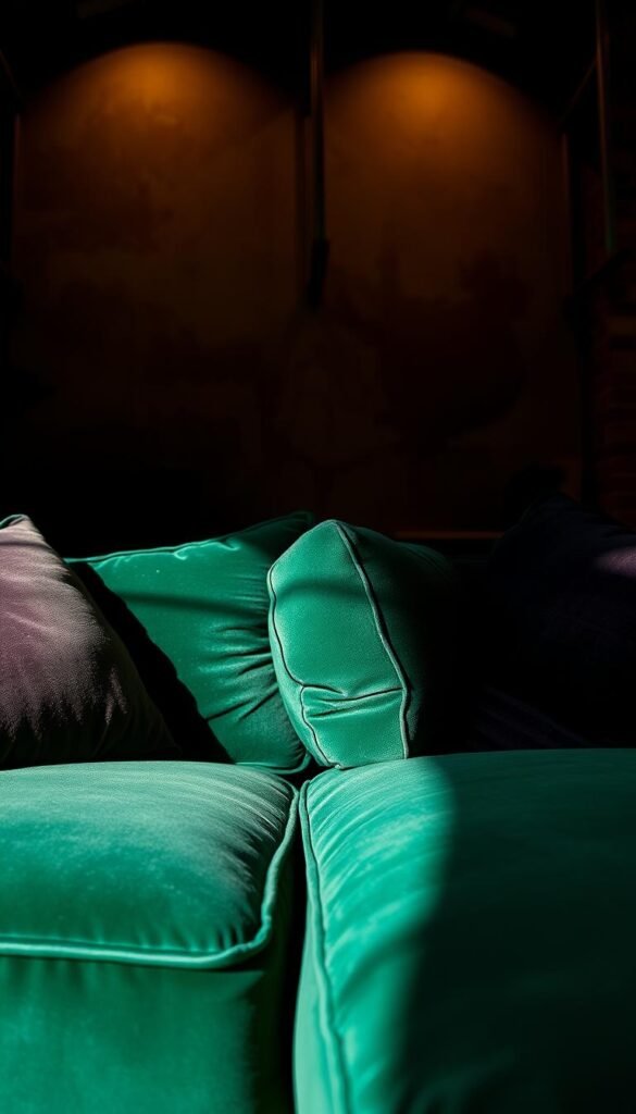 A richly textured, moody living room interior with plush, velvet upholstery in a deep emerald green hue.