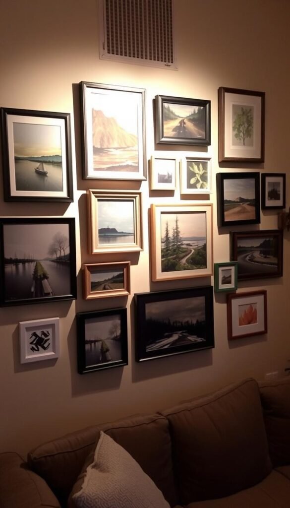 A rotating gallery wall, showcasing an ever-changing collection of framed artworks, photographs, and seasonal decor.