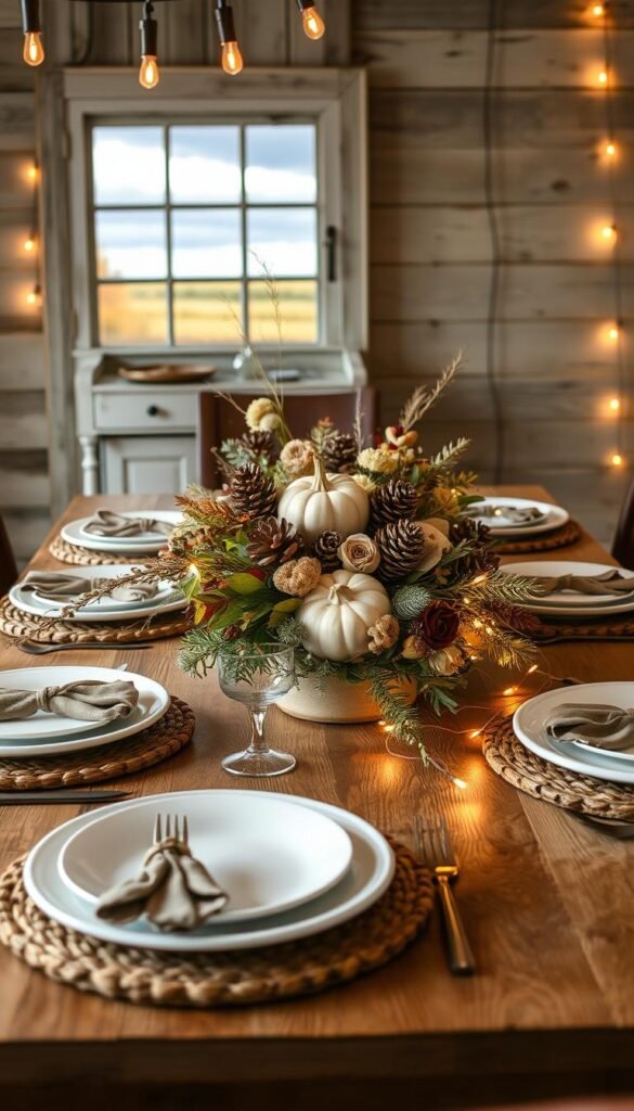 A rustic Thanksgiving table adorned with a handcrafted centerpiece, featuring an assortment of seasonal foliage, pinecones, and dried flowers arranged in a…