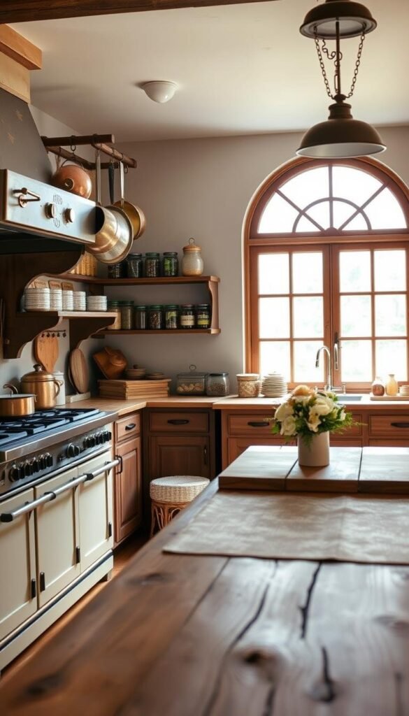 A rustic farmhouse kitchen with a warm, inviting atmosphere. The foreground features a vintage-inspired stove, oven, and range hood in a muted, earthy palette. Copper pots and pans hang from a wooden rack above the stove, casting a soft glow. In the middle ground, a farmhouse-style wooden table is accented with a simple, floral centerpiece. The background showcases antique cabinetry, shelves filled with jars and mason jars, and a large, arched window that allows natural light to pour in, creating a cozy, homey ambiance. The lighting is a mix of natural and soft, complementing the overall farmhouse aesthetic.