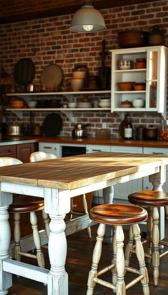 A rustic farmhouse kitchen with a weathered wooden table, complemented by vintage stools with distressed leather seats. The table is illuminated by warm, soft lighting, casting a cozy glow over the scene. In the background, a brick wall adds texture and a touch of industrial charm, while simple white shelves display an assortment of vintage cookware and decorative elements. The overall atmosphere is one of timeless, inviting charm, perfect for a family gathering or a casual meal.