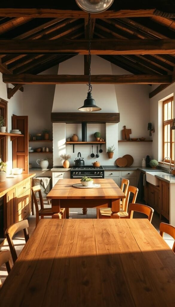 A rustic farmhouse kitchen with an inviting and natural ambiance. The foreground features a large wooden farmhouse table surrounded by simple wooden chairs, with an open shelving system displaying a mix of earthenware, potted plants, and natural-toned decor. Sunlight streams in through large windows, casting a warm glow on the space. The middle ground showcases a vintage-inspired wood-burning stove, complemented by exposed wooden beams and whitewashed walls. In the background, a glimpse of a traditional farmhouse sink and an antique-style pendant light fixture add to the cozy, timeless atmosphere. The overall palette is earthy and organic, with natural materials like wood, stone, and linen creating a harmonious and inviting cooking space.
