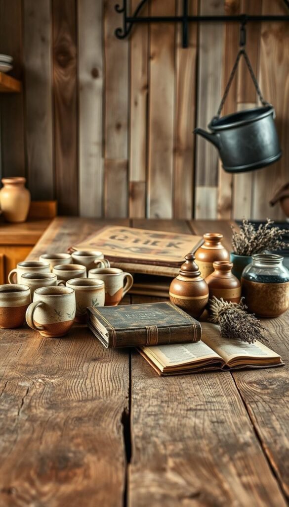A rustic kitchen countertop made of weathered, rough-hewn wood planks, with a distressed finish. In the foreground, an assortment of earthy, handcrafted ceramic mugs, bowls, and jars arranged artfully. In the middle ground, a worn, leather-bound cookbook and a bundle of dried herbs or spices. The background features a wall of reclaimed wood paneling, with a vintage, cast-iron pot hanging on a wrought-iron rack. The lighting is soft and natural, creating a warm, inviting atmosphere. Captured with a wide-angle lens to showcase the textural details and the overall rustic aesthetic.