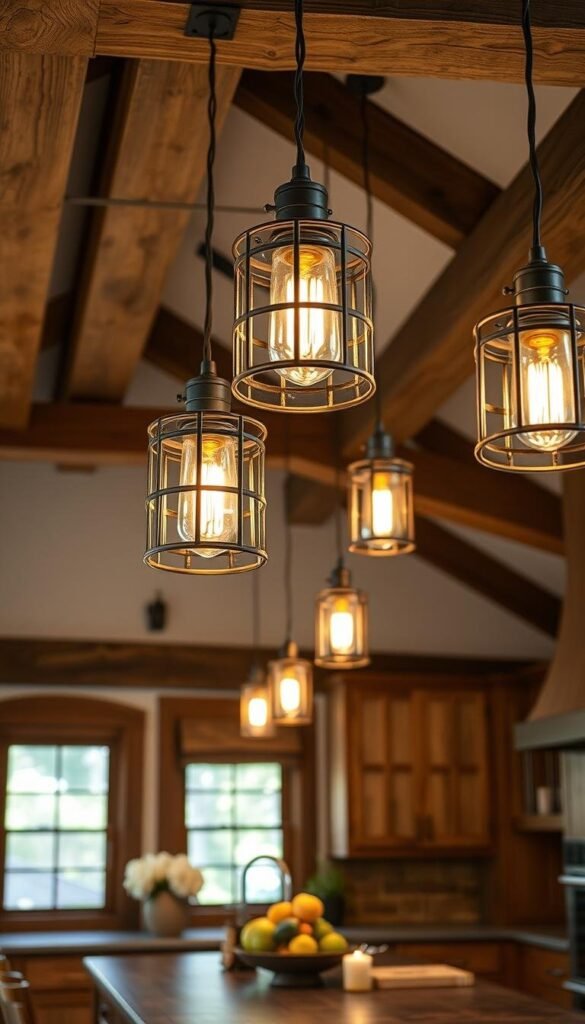 A rustic kitchen with a modern twist, featuring pendant lights that cast a warm, inviting glow. The lighting fixtures have a distressed metal frame, complementing the exposed beams and wooden cabinetry. The pendant lights are arranged in a linear pattern, creating a focal point above the central island. The kitchen is bathed in a soft, natural light, with the pendant lights providing a subtle ambient illumination. The overall atmosphere is cozy and welcoming, with the rustic elements blending seamlessly with the modern design.