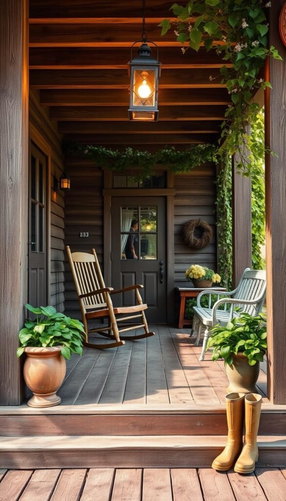 A rustic, weathered wooden front porch with a vintage rocking chair and a cozy outdoor bench. Planters filled with lush greenery line the porch steps, casting soft shadows across the worn floorboards. Overhead, a wooden pergola supports cascading vines, creating a natural, inviting canopy. The warm glow of an antique lantern illuminates the scene, casting a cozy, farmhouse-inspired ambiance. A pair of worn rain boots sit by the door, hinting at the simple, country-living aesthetic. Wide-angle lens, natural lighting, with a focus on capturing the textural details and lived-in charm of this inviting front porch.