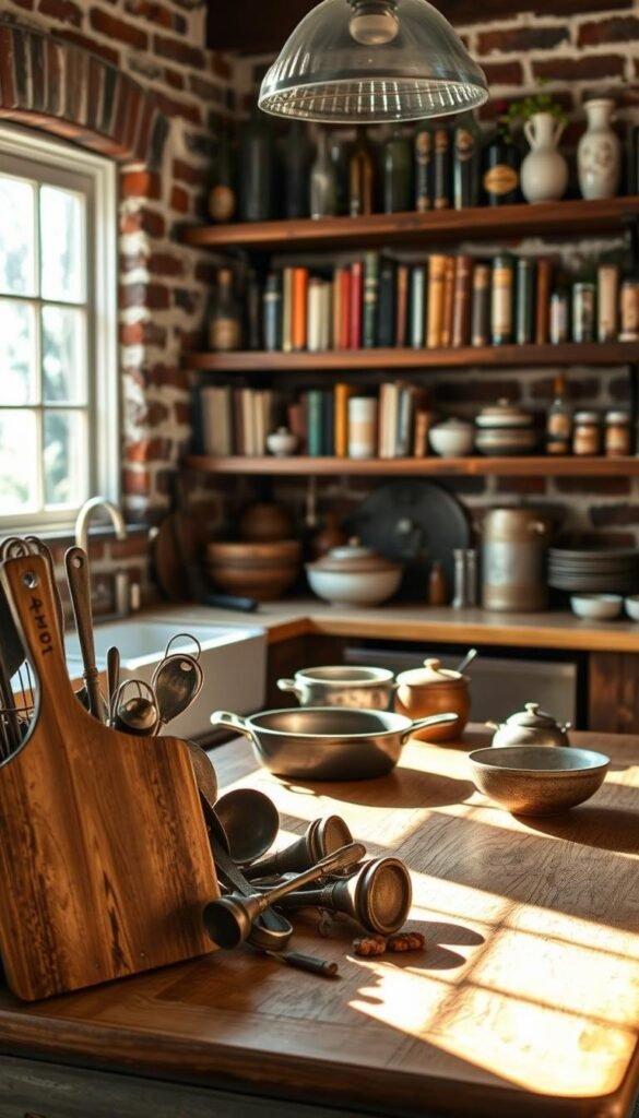 A rustic, well-worn cooking space, illuminated by warm, natural light filtering through a large window. In the foreground, a wooden cutting board and a set of weathered metal cooking utensils, arranged with care. In the middle ground, a vintage, cast-iron skillet rests on a sturdy, oak farmhouse table, surrounded by earthy ceramic bowls and jars. The background features exposed brick walls, complemented by shelves displaying an eclectic collection of antique cookbooks and glass bottles. The overall atmosphere is one of simple, timeless elegance, inviting the viewer to imagine the delicious, homemade meals that have been prepared in this harmonious, natural setting.