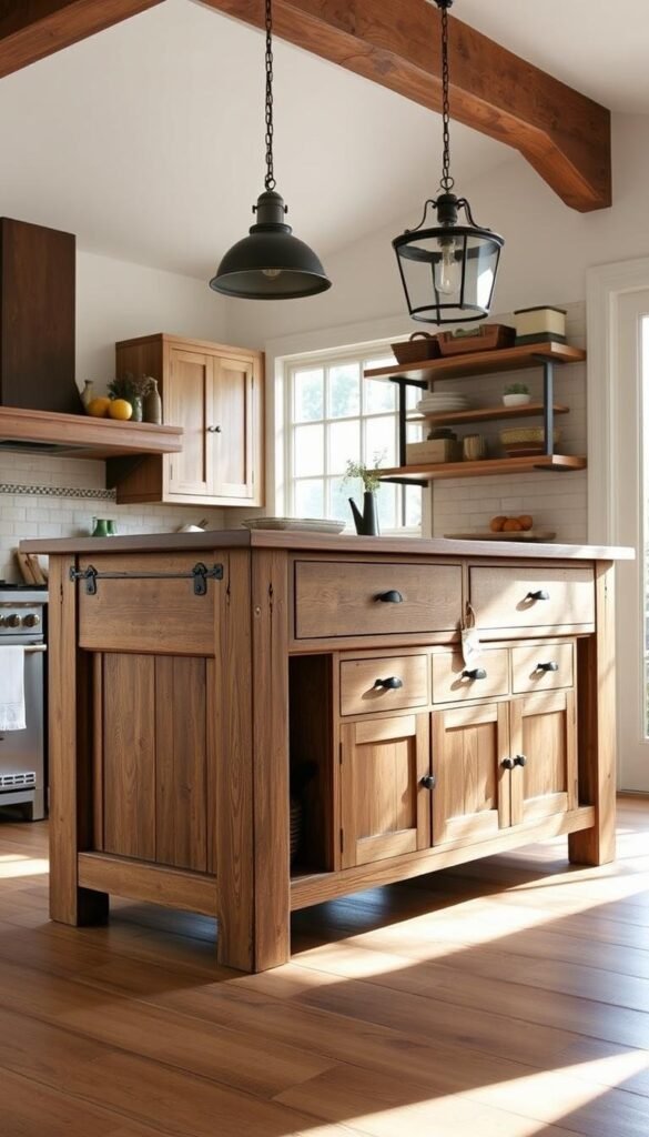 A rustic, well-worn kitchen island stands as the centerpiece of this cozy, farmhouse-inspired kitchen. Crafted from reclaimed wood with a distressed finish, the island features ample storage space in the form of drawers and shelves, perfect for housing kitchen essentials. Soft, natural lighting filters in through large windows, casting a warm glow over the room. The island's sturdy, weathered legs are complemented by wrought-iron hardware, lending an authentic, time-worn aesthetic. Rustic accents, such as a vintage-inspired pendant lamp and a tiled backsplash, complete the inviting, functional space.