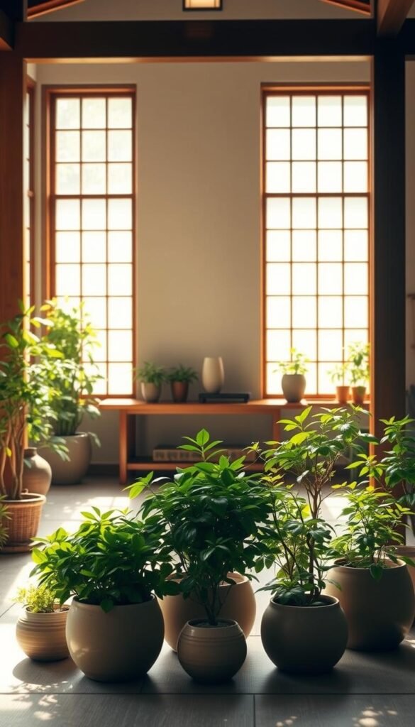 A serene Japandi-inspired indoor garden, bathed in warm, natural light filtering through large windows.