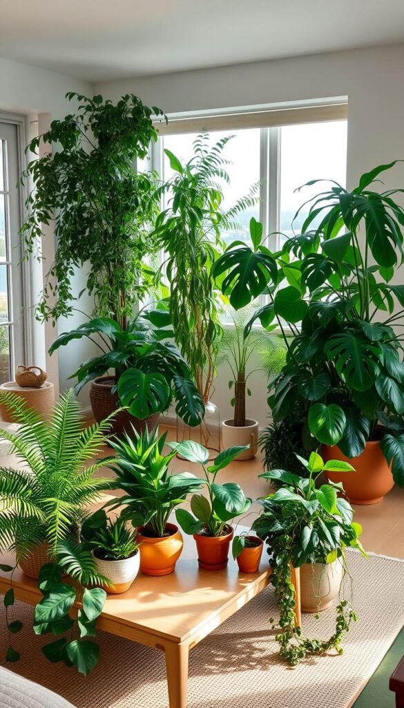 A serene Japandi-inspired living space, filled with an array of lush, verdant plants.