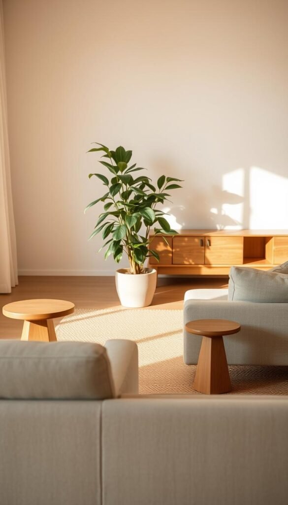 A serene Japandi living room filled with minimal, natural furniture pieces.
