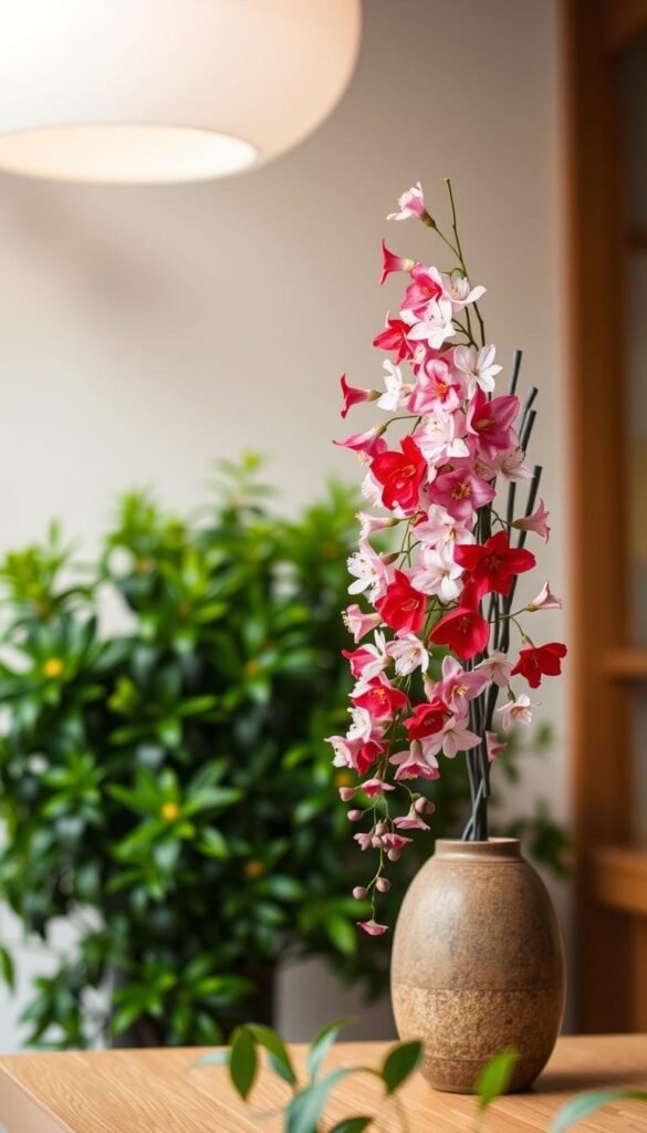 A serene Japanese ikebana arrangement showcasing the natural beauty of vibrant flowers. In the foreground, a sculptural display of delicate blooms in shades of pink, red, and white cascade gracefully from a simple ceramic vase. The middle ground features lush, verdant foliage that frames the arrangement, accentuating the harmony of the composition. The background is softly blurred, allowing the viewer to focus on the exquisite details of the ikebana. Gentle, diffused lighting from an overhead source casts a warm, natural glow, highlighting the textures and colors of the flowers. The overall mood is one of tranquility, balance, and the appreciation of nature's artistry.