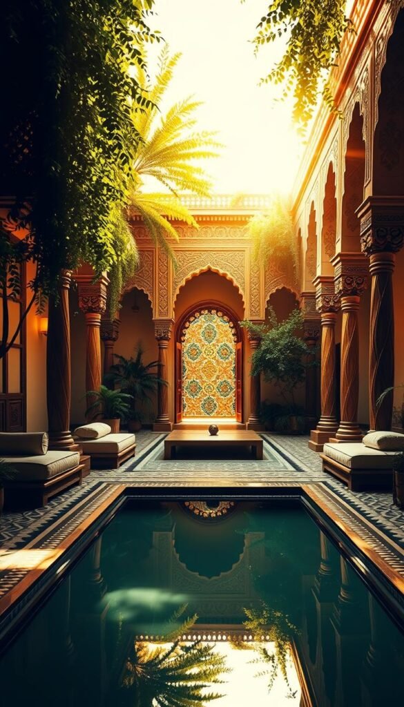 A serene Moroccan courtyard design, bathed in warm, golden sunlight filtering through ornate latticework and lush, verdant foliage.