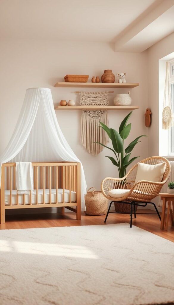 A serene and natural boho-inspired nursery, bathed in warm, diffused lighting from a large window. In the foreground, a plush area rug with a subtle geometric pattern lays the foundation. Midground features a crib with a minimalist, wooden frame adorned with a flowing white canopy. Nearby, a natural rattan chair with a cozy cushion invites relaxation. In the background, a large potted plant and a macrame wall hanging add organic texture and a sense of tranquility. Shelves display earthy ceramics, woven baskets, and a few select toys. An overall neutral palette of beige, cream, and wood tones creates a calming, inviting atmosphere perfect for a modern boho nursery.