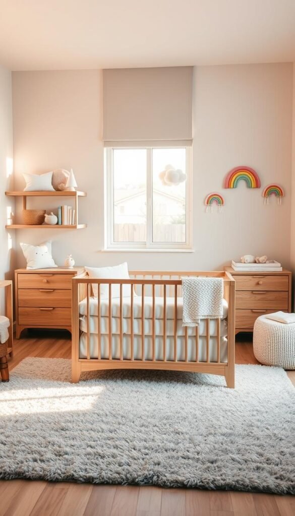 A serene and well-balanced nursery with muted neutral tones and delicate rainbow accents. The soft, warm lighting casts a gentle glow, creating a cozy and tranquil atmosphere. In the foreground, a wooden crib with crisp white linens sits atop a plush gray rug. Surrounding it, a mix of natural wood furniture and floating shelves displaying rainbow-hued decor, such as pastel throw pillows, a rainbow mobile, and whimsical wall hangings. In the middle ground, a large window filters in natural light, illuminating the space. The background features a neutral-toned accent wall, complemented by a soothing color palette of blues, greens, and beiges, preventing the rainbow elements from becoming overwhelming. An inviting and harmonious nursery that strikes the perfect balance between tranquility and playfulness. A serene and well-balanced nursery with muted neutral tones and delicate rainbow accents. The soft, warm lighting casts a gentle glow, creating a cozy and tranquil atmosphere. In the foreground, a wooden crib with crisp white linens sits atop a plush gray rug. Surrounding it, a mix of natural wood furniture and floating shelves displaying rainbow-hued decor, such as pastel throw pillows, a rainbow mobile, and whimsical wall hangings. In the middle ground, a large window filters in natural light, illuminating the space. The background features a neutral-toned accent wall, complemented by a soothing color palette of blues, greens, and beiges, preventing the rainbow elements from becoming overwhelming. An inviting and harmonious nursery that strikes the perfect balance between tranquility and playfulness.