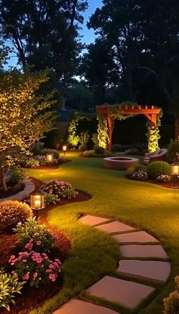 A serene backyard landscape bathed in warm, ambient outdoor lighting. A well-manicured lawn dotted with lush flower beds and neatly trimmed shrubs. Elegant stone pathways wind through the scene, leading to a cozy seating area with a fire pit. Strategically placed spotlights illuminate the foliage, casting soft, natural shadows. Decorative lanterns line the pathways, their flickering flames casting a welcoming glow. In the distance, a wooden pergola draped in trailing vines creates a picturesque focal point. The overall atmosphere is one of relaxation and inviting charm, perfect for enhancing the curb appeal of this charming backyard oasis. A serene backyard landscape bathed in warm, ambient outdoor lighting. A well-manicured lawn dotted with lush flower beds and neatly trimmed shrubs. Elegant stone pathways wind through the scene, leading to a cozy seating area with a fire pit. Strategically placed spotlights illuminate the foliage, casting soft, natural shadows. Decorative lanterns line the pathways, their flickering flames casting a welcoming glow. In the distance, a wooden pergola draped in trailing vines creates a picturesque focal point. The overall atmosphere is one of relaxation and inviting charm, perfect for enhancing the curb appeal of this charming backyard oasis.