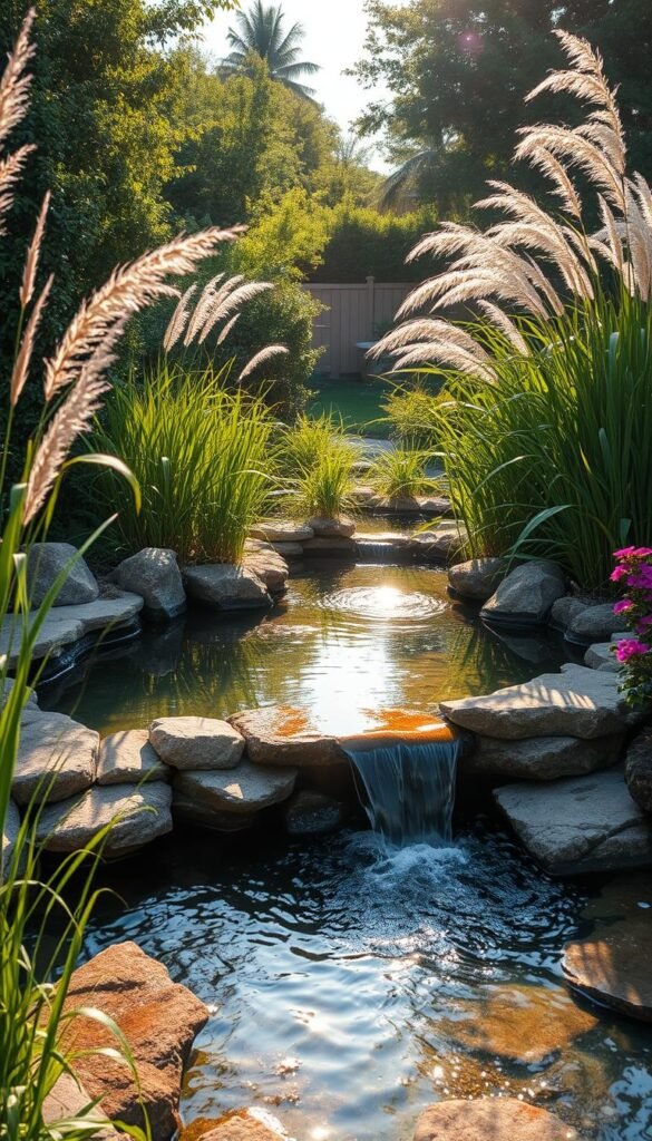 A serene backyard oasis with a stunning natural-looking pond surrounded by lush, verdant foliage. The pond's crystal-clear waters reflect the soft, warm light of the afternoon sun, creating a mesmerizing play of light and shadow. Smooth river rocks line the edges, while a small waterfall cascades over natural stone, adding a soothing ambient sound. Tall, swaying grasses and vibrant flowering plants frame the scene, creating a sense of tranquility and escape. Captured through a wide-angle lens, the composition showcases the elegant integration of the water feature into the overall landscape design.