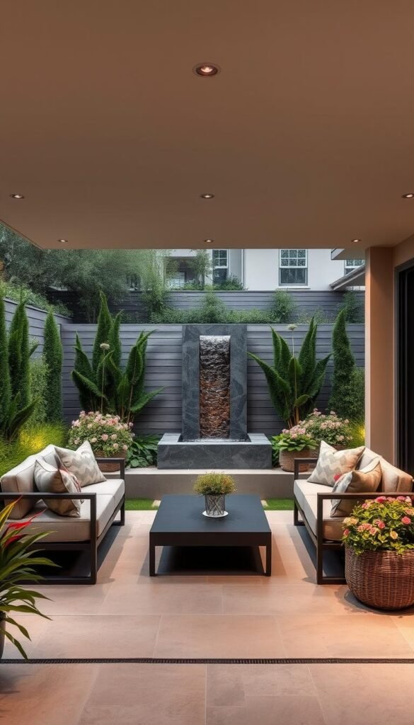A serene, contemporary backyard oasis with a chic patio setup. A sleek, minimalist outdoor lounge area with plush, neutral-toned seating and a low-profile coffee table. Lush, manicured greenery and flowering plants border the space, creating a natural, inviting ambiance. Warm, soft lighting from discreet, recessed fixtures casts a gentle glow, while a modern water feature bubbles softly in the background. The overall scene conveys a sense of relaxation and stylish, functional outdoor living.