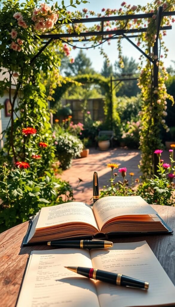 A serene garden terrace, bathed in soft, warm sunlight. In the foreground, an open journal rests on a weathered wooden table, its pages fluttering gently in the breeze. Surrounded by lush, verdant foliage and vibrant wildflowers, the journal invites the viewer to a moment of contemplation and creative expression. In the middle ground, a vintage fountain pen lies alongside the journal, a symbol of the art of written documentation. The background features a picturesque trellis adorned with cascading vines and blooms, framing the scene with a sense of natural tranquility. The overall atmosphere exudes a feeling of peaceful inspiration, beckoning the observer to immerse themselves in the beauty of the garden and the joy of journaling.