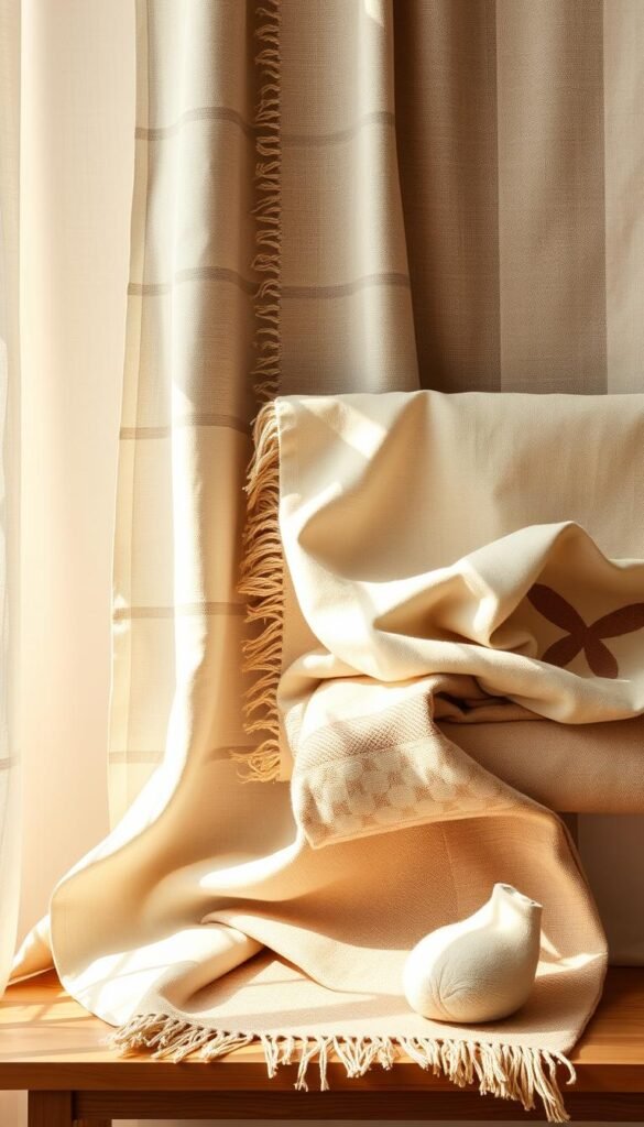 A serene, harmonious arrangement of handwoven Japandi textiles in muted, earthy tones.