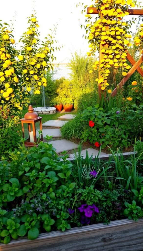 A serene herb garden layout, filled with lush foliage and vibrant colors. In the foreground, a neatly arranged raised planter bed overflows with fragrant basil, thyme, and rosemary. The middle ground showcases a stone path winding through a mix of leafy parsley, chives, and oregano, gently illuminated by the soft, warm glow of a vintage-style lantern. In the background, a wooden trellis supports the climbing vines of peppery nasturtiums, their yellow and orange blossoms adding a vibrant pop of color. The scene is bathed in the golden hour light, casting long shadows and creating a peaceful, inviting atmosphere for the flourishing herb garden.