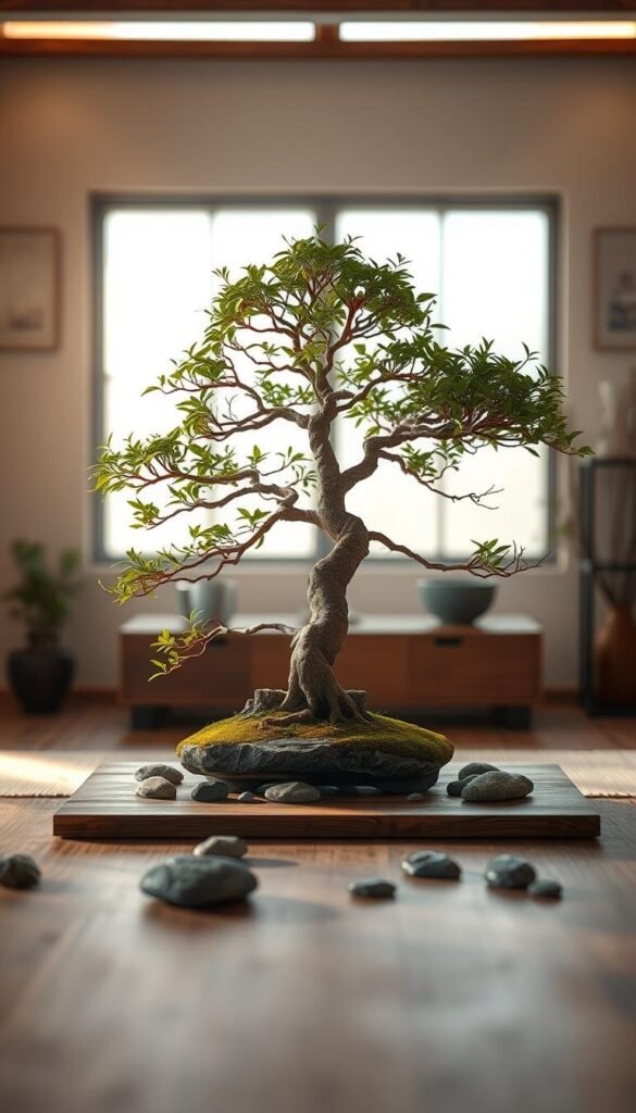 A serene indoor sanctuary, where an elegant bonsai tree stands as the centerpiece, its intricate branches and lush foliage illuminated by soft, natural lighting. The tree is situated on a minimalist wooden table, nestled among smooth river rocks and a scattering of moss, creating a harmonious, Zen-inspired composition. The background is blurred, with hints of earthy tones and muted textures, allowing the bonsai to take center stage and evoke a sense of tranquility and balance. The camera angle is slightly elevated, capturing the delicate details of the tree's form and the calming ambiance of the scene.