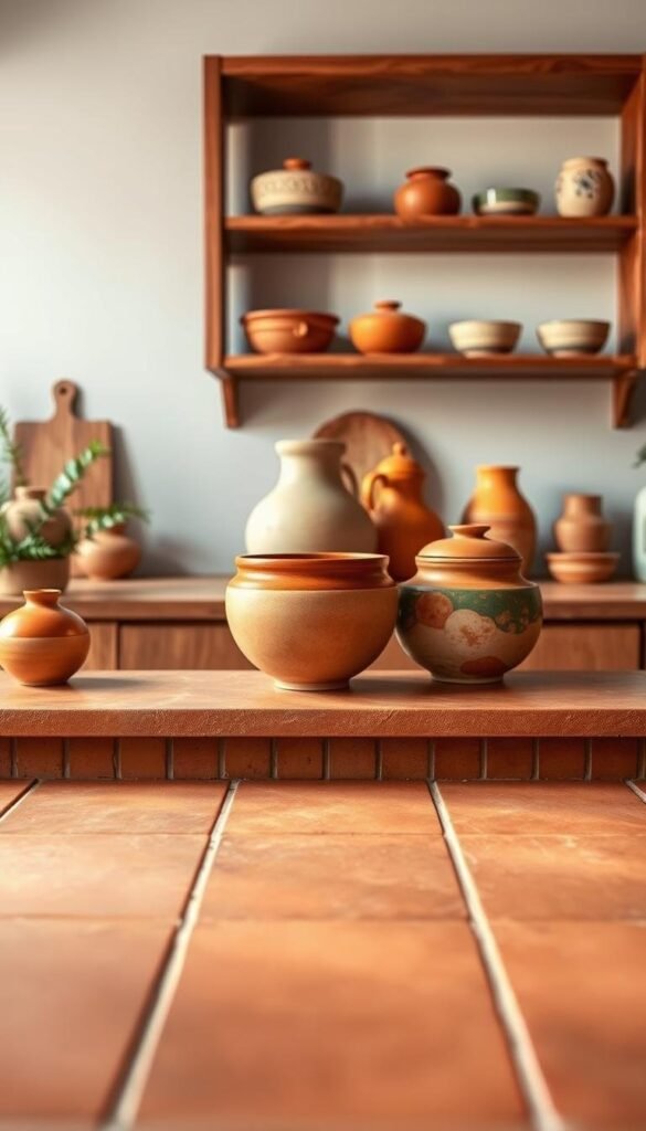 A serene kitchen countertop showcases an earthy color palette of warm neutrals. In the foreground, matte terracotta tiles in a rich, russet hue create a tactile foundation. Atop the counter, an assortment of earthenware pottery in complementary shades of ochre, sage, and amber are artfully arranged. Soft lighting from overhead casts a gentle glow, highlighting the organic textures and hues. In the background, a wooden shelving unit displays more pottery pieces, echoing the earthy theme throughout the space. The overall mood is one of natural harmony and tranquility, inviting the viewer to imagine preparing a nourishing meal in this harmonious cooking sanctuary.