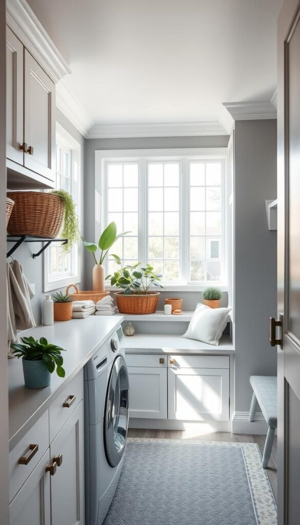 A serene laundry room with a soothing color palette. Soft grey walls, accented by crisp white cabinetry and countertops. Natural light floods the space through large windows, casting a warm glow. Woven baskets and potted plants add organic touches, while a cozy bench with plush cushions invites relaxation. Muted tones of blue and green create a calming ambiance, perfect for contemplating the day's tasks. The room's layout is thoughtfully designed, with ample storage and workspace. A neutral color scheme and clean, minimalist aesthetic evoke a sense of tranquility, transforming this utilitarian space into a harmonious retreat. A serene laundry room with a soothing color palette. Soft grey walls, accented by crisp white cabinetry and countertops. Natural light floods the space through large windows, casting a warm glow. Woven baskets and potted plants add organic touches, while a cozy bench with plush cushions invites relaxation. Muted tones of blue and green create a calming ambiance, perfect for contemplating the day's tasks. The room's layout is thoughtfully designed, with ample storage and workspace. A neutral color scheme and clean, minimalist aesthetic evoke a sense of tranquility, transforming this utilitarian space into a harmonious retreat.