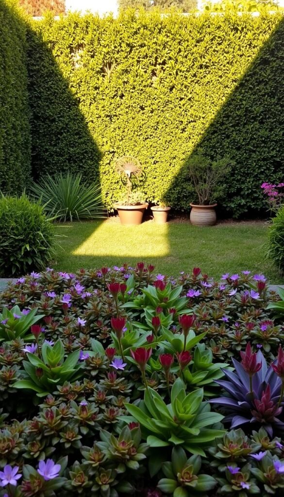 A serene, meticulously manicured small backyard with lush, verdant foliage. In the foreground, a well-organized garden bed with a variety of low-growing, vibrant perennials and succulents, their colors and textures creating a harmonious tapestry. In the middle ground, a few strategically placed potted plants and a whimsical garden sculpture, casting soft shadows under the warm, golden afternoon light. The background features a neatly trimmed hedge or fence, providing a natural and tidy boundary. The overall composition exudes a sense of balance, order, and tranquility, showcasing how thoughtful plant selection can transform even the most limited outdoor space into a visually captivating and functional retreat. A serene, meticulously manicured small backyard with lush, verdant foliage. In the foreground, a well-organized garden bed with a variety of low-growing, vibrant perennials and succulents, their colors and textures creating a harmonious tapestry. In the middle ground, a few strategically placed potted plants and a whimsical garden sculpture, casting soft shadows under the warm, golden afternoon light. The background features a neatly trimmed hedge or fence, providing a natural and tidy boundary. The overall composition exudes a sense of balance, order, and tranquility, showcasing how thoughtful plant selection can transform even the most limited outdoor space into a visually captivating and functional retreat.