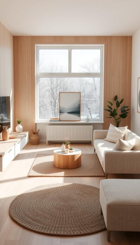 A serene, minimalist Scandinavian living room bathed in natural light.