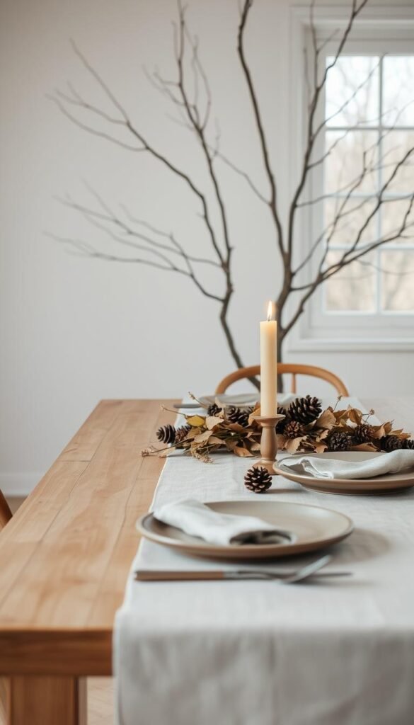 A serene, minimalist Thanksgiving table setting against a neutral backdrop.