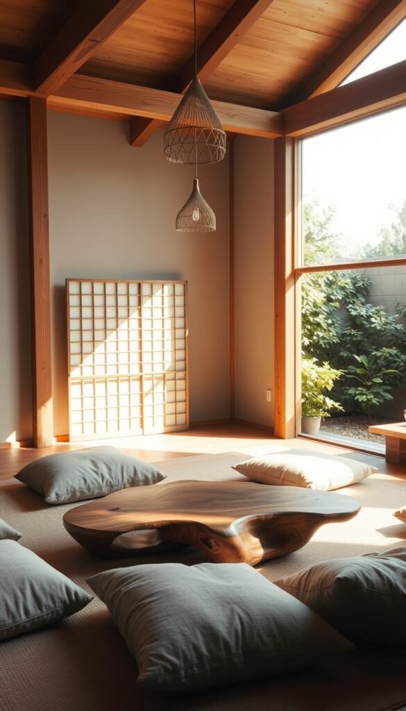 A serene, minimalist living room bathed in warm, natural light.
