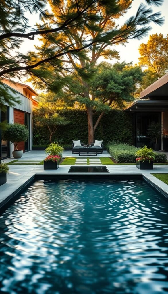 A serene modern backyard oasis, featuring a tranquil water feature as the centerpiece. The smooth, gently rippling surface reflects the lush, manicured greenery and contemporary architecture surrounding it. Warm, diffused sunlight filters through swaying trees, casting soft shadows and creating a soothing ambiance. Sleek stone or concrete patios and walkways lead the eye towards the calming water, inviting guests to pause and savor the peaceful atmosphere. Strategically placed planters with vibrant flowers and foliage add pops of color, complementing the overall minimalist aesthetic. The entire scene exudes a sense of harmony and relaxation, perfectly capturing the essence of "Utilize Water Features for Serenity."