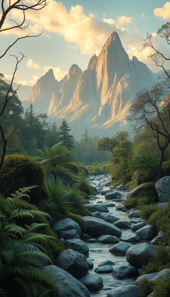 A serene, nature-inspired landscape showcasing an array of organic textures and forms.
